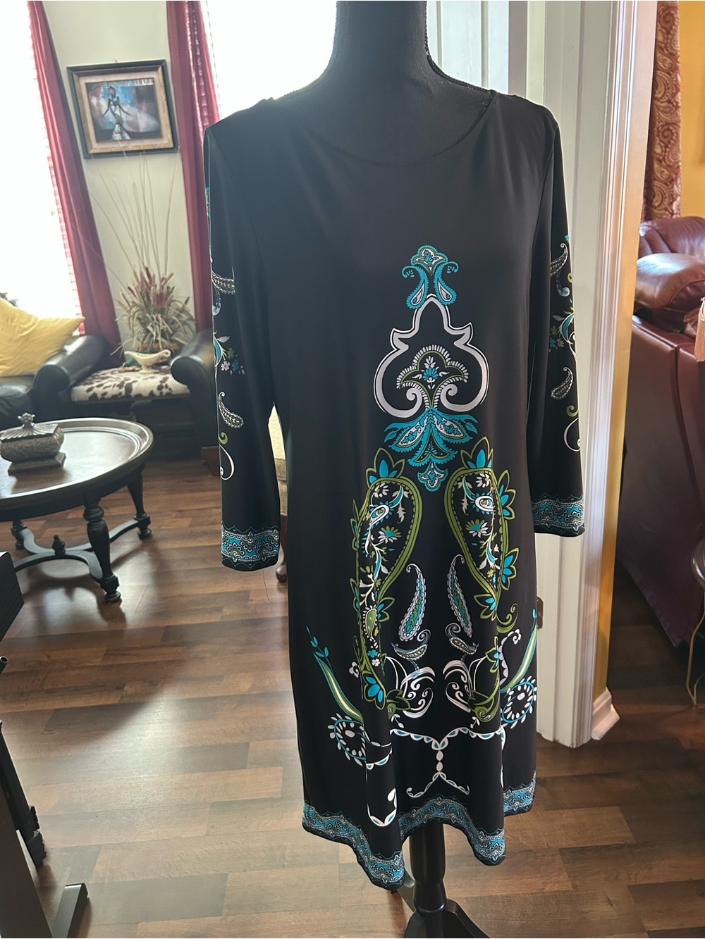 Dress Barn Black Dress with Teal & Green Paisley Motif